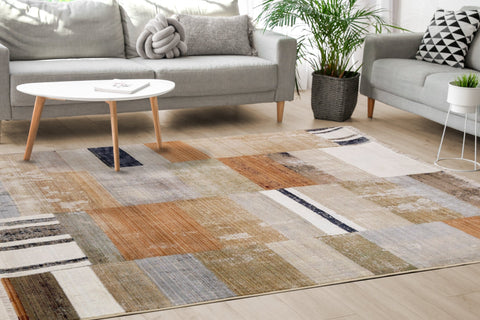 Serene Beige Orange Blue Cream Patchwork Quilt Design Rug by Kalora Interiors