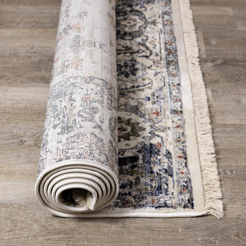 Serene Cream Blue Intricate Border Rug by Kalora Interiors