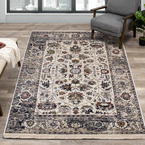 Serene Cream Blue Intricate Border Rug by Kalora Interiors