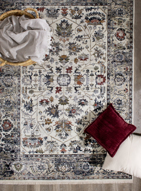 Serene Cream Blue Intricate Border Rug by Kalora Interiors