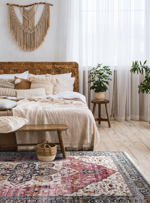 Serene Pink Cream Blue Elaborate Border Rug by Kalora Interiors