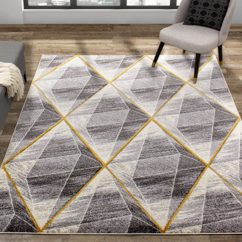 Soho 8942_37 Grey Gold Shaded Diamonds Area Rug by Kalora Interiors