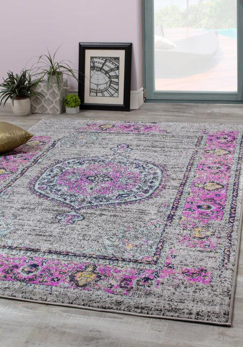 Sovereign B239_0929 Pink Border Blue Orb Oriental Style Area Rug by Novelle Home