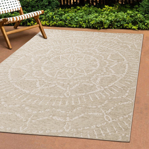 Vista Beige Cream Intricate Suns Indoor/Outdoor Rug by Kalora Interiors