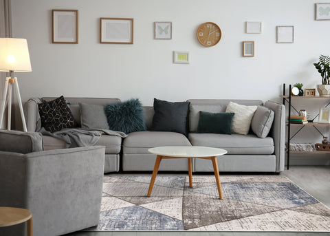 Darcy Grey Cream Blue Angular Carved Pile Rug by Kalora Interiors