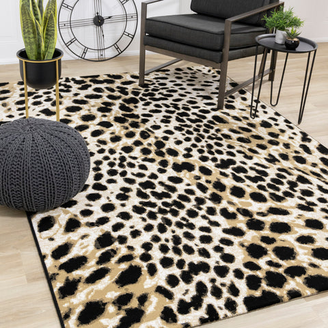 Claro Black Beige Leopard Print Plush Rug by Kalora Interiors