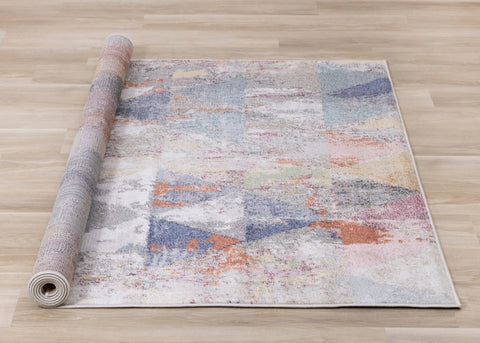 Fresco Distressed Grey Pink Blue Yellow Triangular Pattern Rug by Kalora Interiors