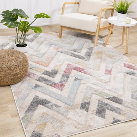Folio Cream Grey Blue Pink Yellow Distressed Carved Chevron Rug by Kalora Interiors
