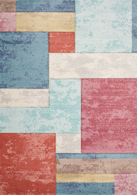 Folio Distressed Red Blue Yellow White Carved Square Pattern Rug by Kalora Interiors