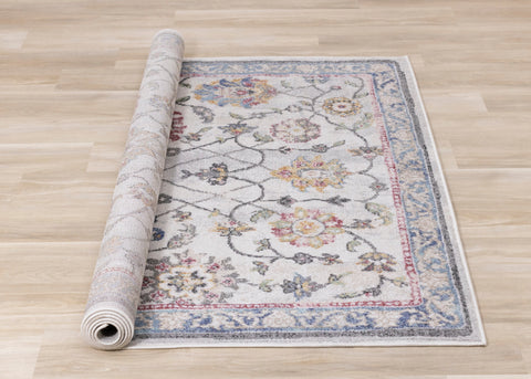 Fresco Cream Grey Pink Yellow Orange Floral Border Rug by Kalora Interiors