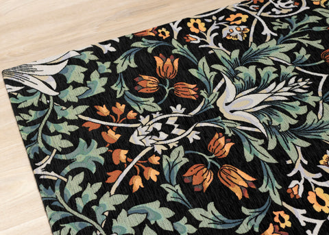 Cathedral Green Black Red Grey Yellow Symmetrical Floral Print Rug by Kalora Interiors