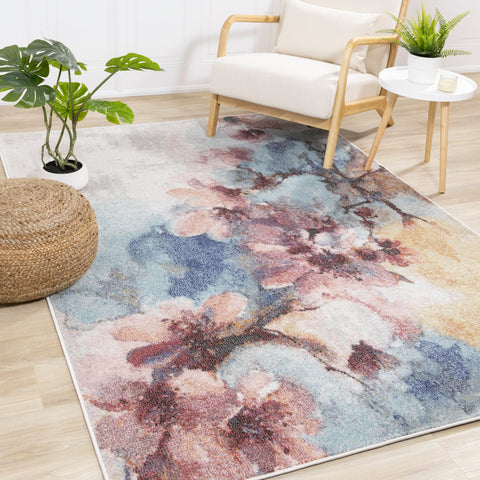 Fresco Blue Pink Yellow Cherry Blossom Rug by Kalora Interiors