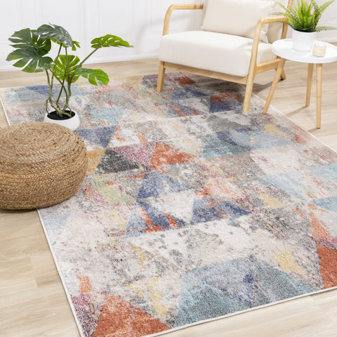 Fresco Distressed Grey Pink Blue Yellow Triangular Pattern Rug by Kalora Interiors