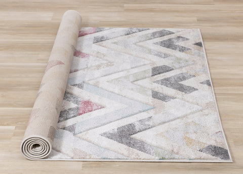 Folio Cream Grey Blue Pink Yellow Distressed Carved Chevron Rug by Kalora Interiors