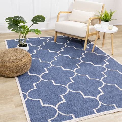Bristol Blue White Outdoor Reversible Geometric Rug by Kalora Interiors