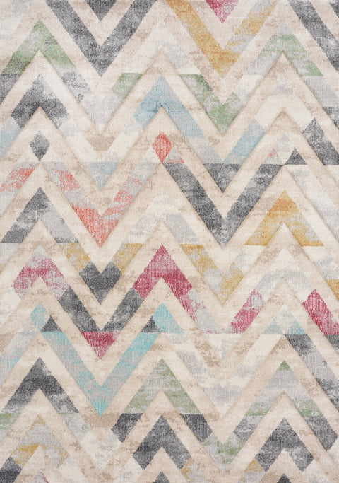 Folio Cream Grey Blue Pink Yellow Distressed Carved Chevron Rug by Kalora Interiors
