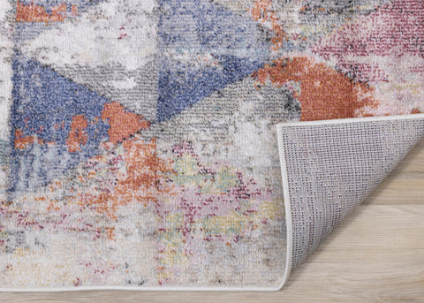 Fresco Distressed Grey Pink Blue Yellow Triangular Pattern Rug by Kalora Interiors