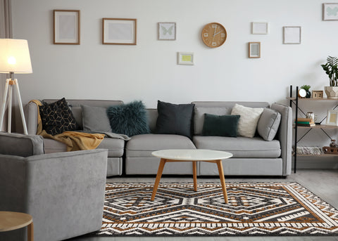 Lawson Grey Cream Orange Double Medallion Contemporary Machine Washable Foldable Rug by Kalora Interiors