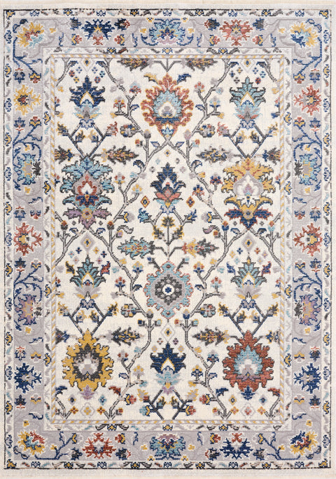 Evora Cream Pink Blue Yellow Floral Vine Border Rug by Kalora Interiors