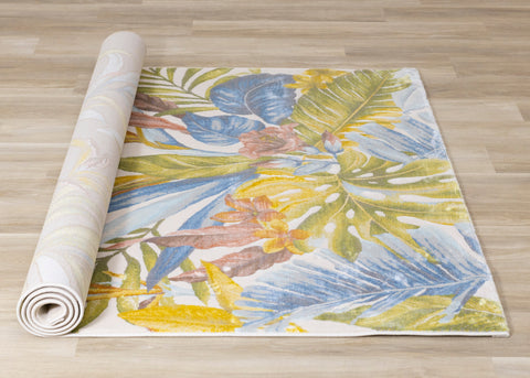 Belle Blue Pink Yellow Green Tropical Plant Rug by Kalora Interiors