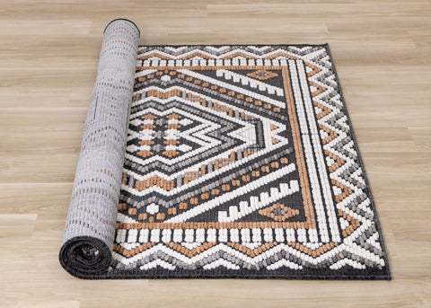 Lawson Grey Cream Orange Double Medallion Contemporary Machine Washable Foldable Rug by Kalora Interiors