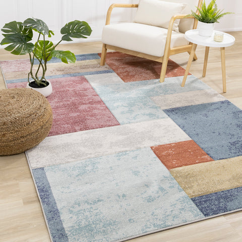 Folio Distressed Red Blue Yellow White Carved Square Pattern Rug by Kalora Interiors
