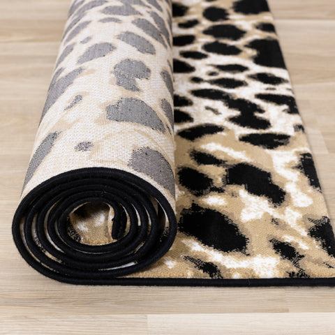 Claro Black Beige Leopard Print Plush Rug by Kalora Interiors