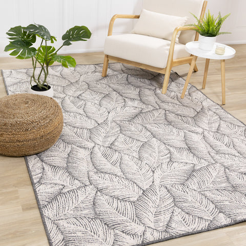 Bristol Grey White Leaf Pattern Indoor/Outdoor Reversible Rug by Kalora Interiors