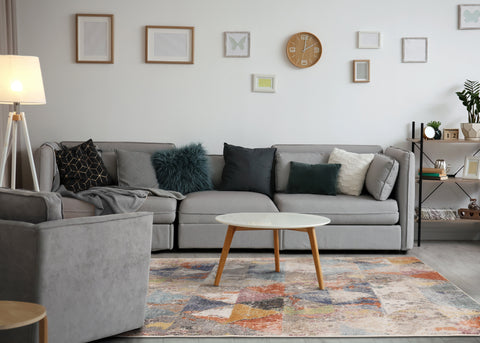 Fresco Distressed Grey Pink Blue Yellow Triangular Pattern Rug by Kalora Interiors