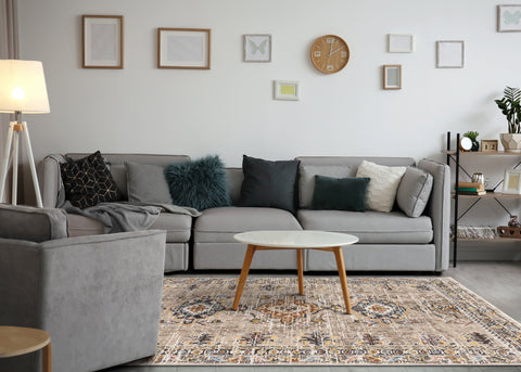 Evora Beige Rust Blue Contemporary Medallion Rug by Kalora Interiors