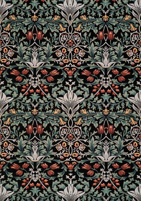 Cathedral Green Black Red Grey Yellow Symmetrical Floral Print Rug by Kalora Interiors