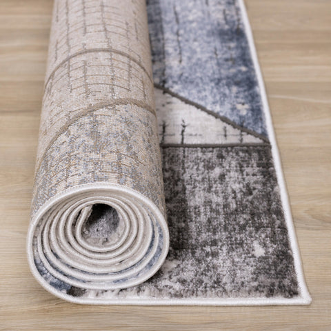 Darcy Grey Cream Blue Angular Carved Pile Rug by Kalora Interiors