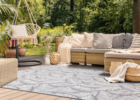 Bristol Grey White Leaf Pattern Indoor/Outdoor Reversible Rug by Kalora Interiors