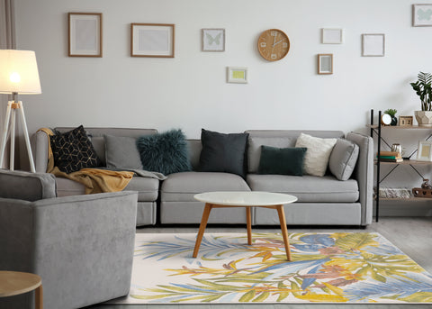 Belle Blue Pink Yellow Green Tropical Plant Rug by Kalora Interiors