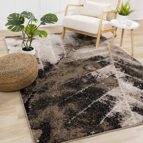 Breeze Brown Beige Black Distressed Leaf Rug by Kalora Interiors