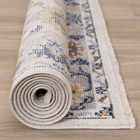 Evora Cream Pink Blue Yellow Floral Vine Border Rug by Kalora Interiors