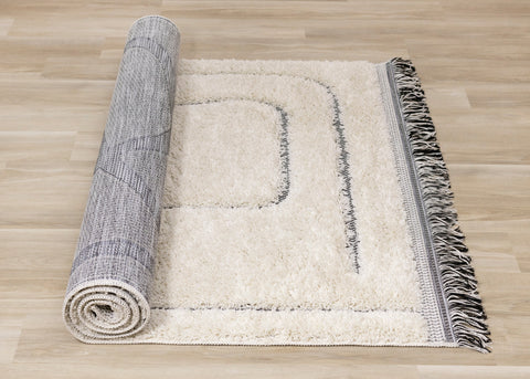 Novato Cream Grey Modern Dual Texture Swirling Line Rug by Kalora Interiors