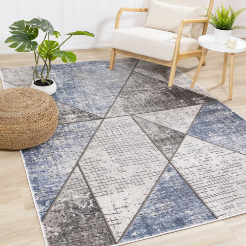 Darcy Grey Cream Blue Angular Carved Pile Rug by Kalora Interiors