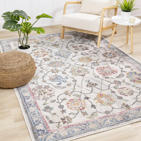 Fresco Cream Grey Pink Yellow Orange Floral Border Rug by Kalora Interiors
