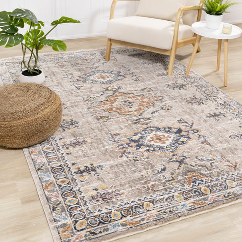 Evora Beige Rust Blue Contemporary Medallion Rug by Kalora Interiors
