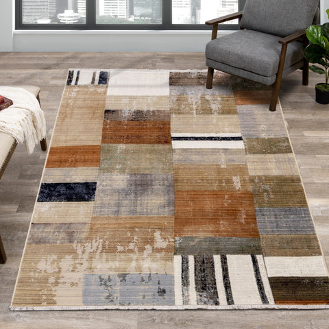 Serene Beige Orange Blue Cream Patchwork Quilt Design Rug by Kalora Interiors