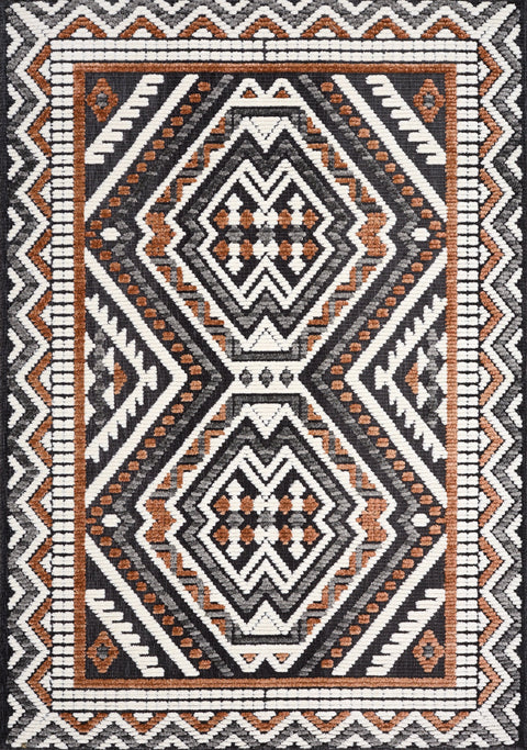 Lawson Grey Cream Orange Double Medallion Contemporary Machine Washable Foldable Rug by Kalora Interiors