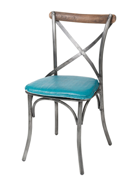 Metal Crossback Chair With Peacock Blue Seat Cushion by LH Imports