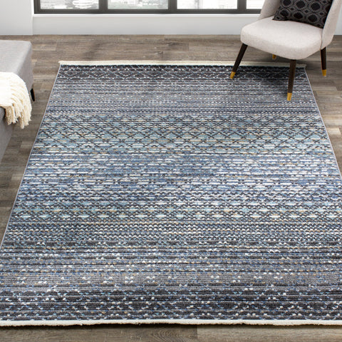 Calabar 8624_68 Blue Grey White Banded Pattern Rug By Kalora Interiors