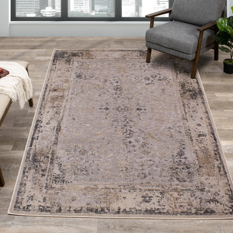 Chorus Grey Beige Elegant Border Rug by Kalora Interiors