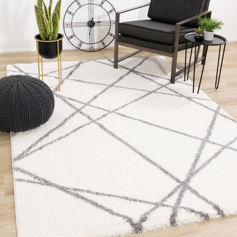 Fergus White Grey Lines Crossing Shag Rug by Kalora Interiors