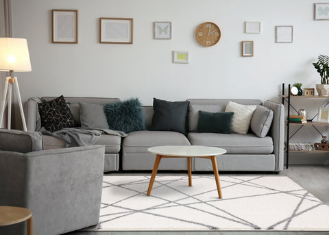 Fergus White Grey Lines Crossing Shag Rug by Kalora Interiors