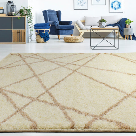 Fergus 12550_101 Cream Beige Lines Crossing Shag Rug By Kalora Interiors