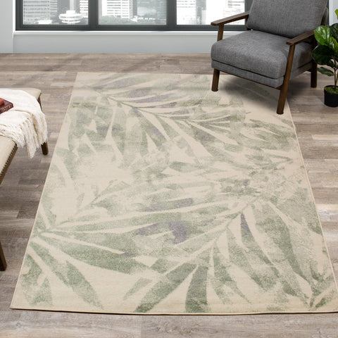 Focus Cream Green Palm Branch Rug by Kalora Interiors