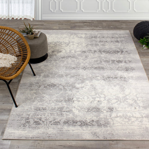 Intrigue 12173_910 Grey Cream Distressed Damask Area Rug by Kalora Interiors